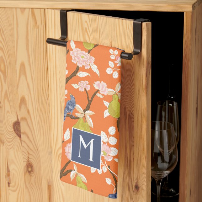 Orange och Blue Chinoiserie Birds Monogram Kökshandduk (Thirds Fold)