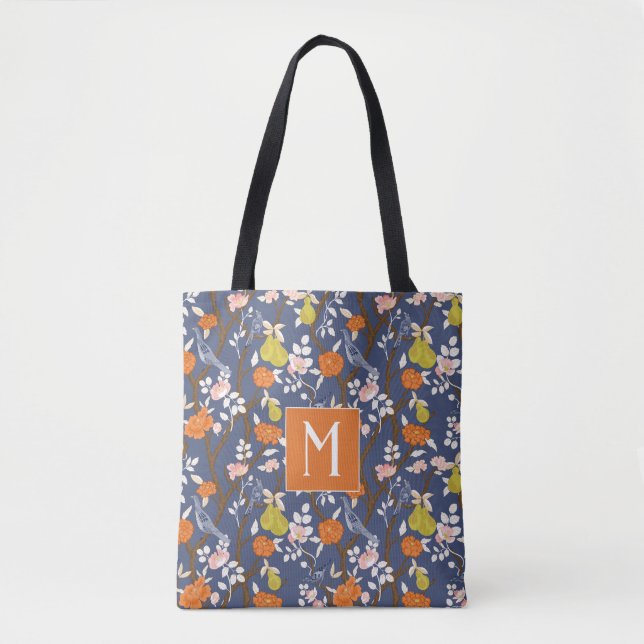 Orange och Blue Chinoiserie Birds Monogram Tygkasse (Framsida)
