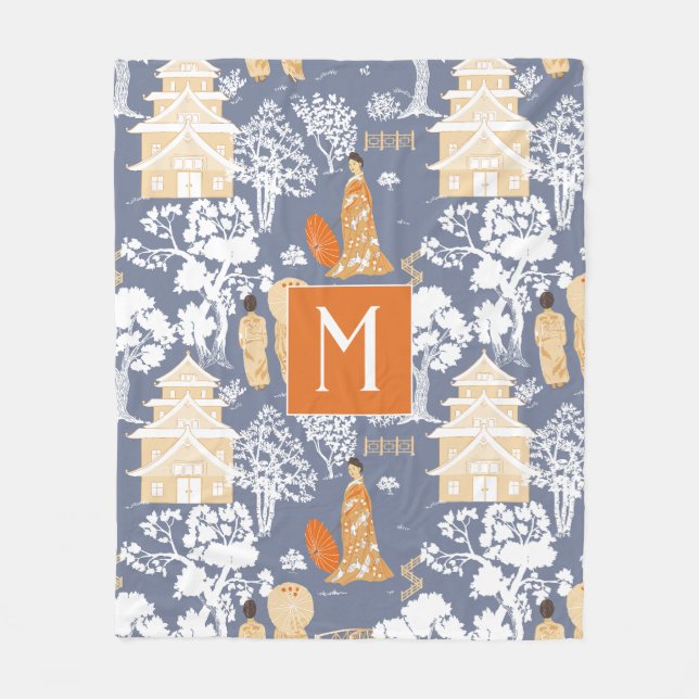 Orange och Blue Chinoiserie Pagodas Monogram Fleecefilt (Framsidan)
