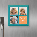 Orange och Blue Instagram Photo Collage Monogram Magnet<br><div class="desc">Använda 3-kvadratfoton som skapar en unik och personlig gåva. Eller så kan du behålla hipstervalpen och göra ett trendig till keepy. Om du behöver justera bilder klickar du på verktyg för att anpassa ändringar.</div>