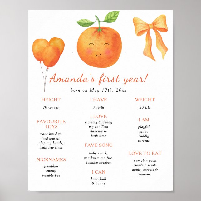 Orange och Bow Första födelsedagsmilstolpe födelse Poster (Framsidan)