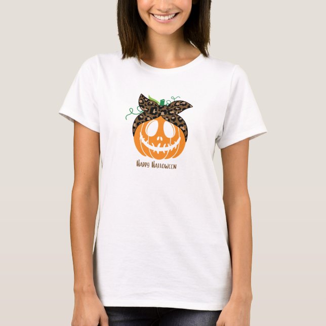 Orange och Brown Leopard Pumpkin Halloween T Shirt (Framsida)