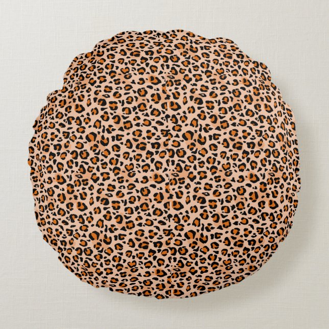 Orange och Brun Leopardyck Rund Kudde (Framsidan)