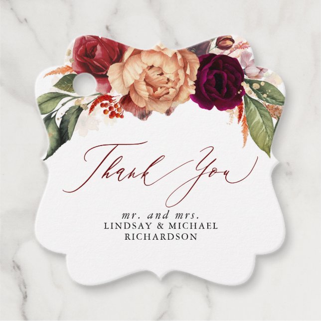 Orange och Burgunderröd Blommig Höst Tacksamhet Gåvor Etiketter (Framsida)