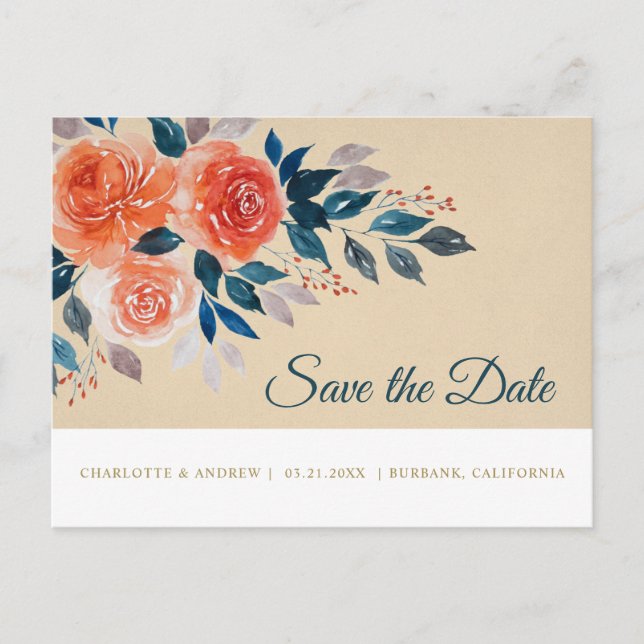 Orange och Crème Vattenfärg Blommig Spara Datum Meddelande Vykort (Framsida)