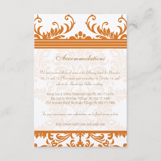 Orange och Elfenbens Damask Bröllopsinsats Kort (Framsida)