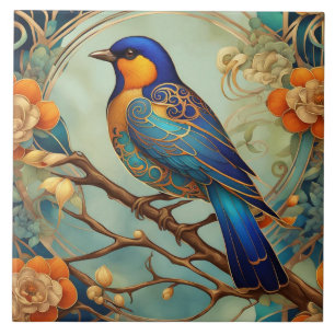 Orange och färgton för Blue Bird Art nouveau Art D Kakelplatta