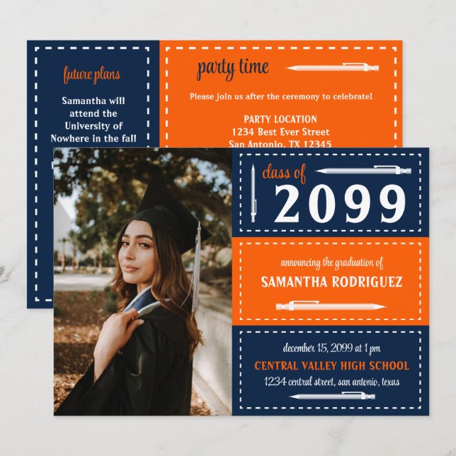 Orange och flottor med prickboxar och pennor Stude Inbjudningar (Fram/baksida)