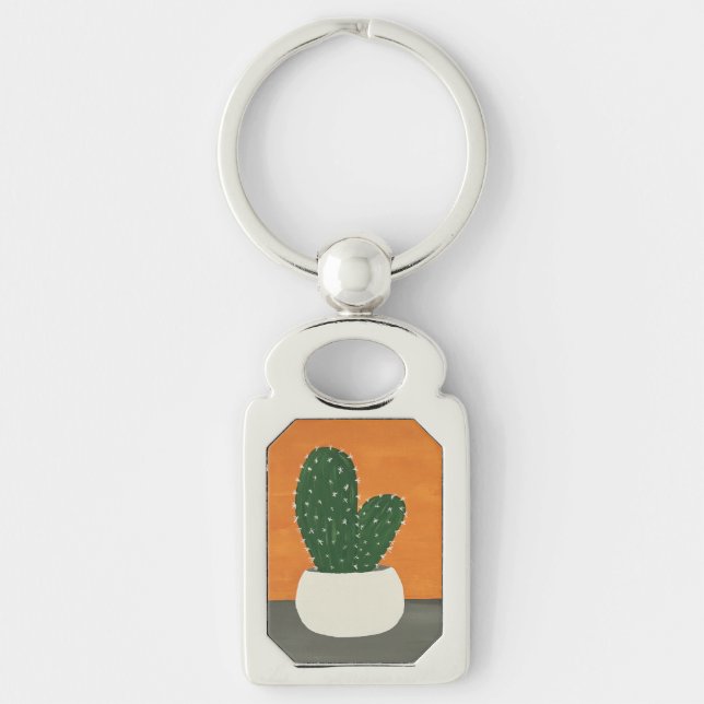 Orange och Grått akrylkrukaktus Rektangulärt Silverfärgad Nyckelring (Framsidan)