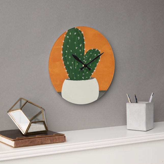 Orange och Grått akrylkrukaktus Stor Klocka (Kontor)