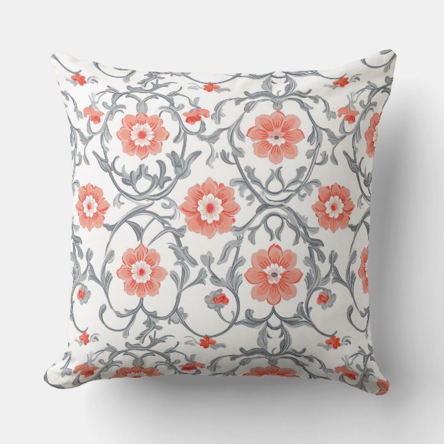 Orange och Grått Chinoiserie-Blommigt Kudde (Framsida)