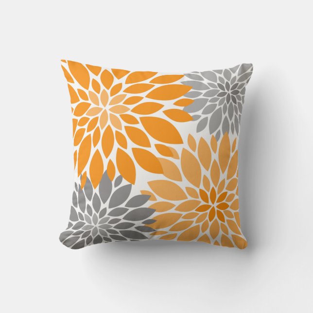 Orange och Grått Chrysanthemums Blommönster Kudde (Framsida)
