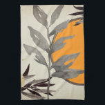 Orange och Grått Konstnärlig vattenfärg botaniskt Kökshandduk<br><div class="desc">Modern kökshandduk har ett konstnärligt botaniskt färgtryck i en orange- och grått färg palett med en färg löv och en geometrisk cirkelsammansättning med skuggor av orange och grått med svarta och guld accenter på en linne beige bakgrund. Lägg till lite elegans i köket med den här snyggten botaniska kökshandduken. Ett...</div>