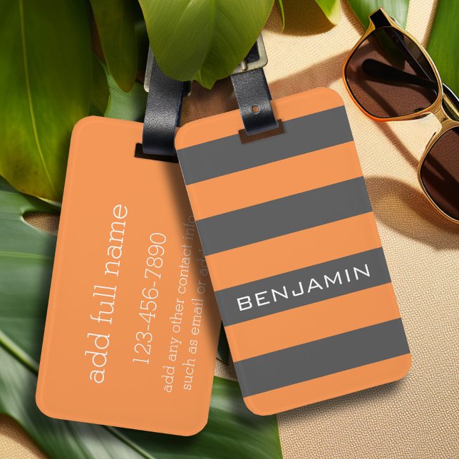 Orange och Grått Rugby Rand med eget namn Bagagebricka (Personalized luggage tag - Modern Stripe Pattern with custom text)