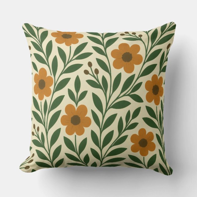 Orange och gröna blommor Kastkudde Kudde (Framsida)