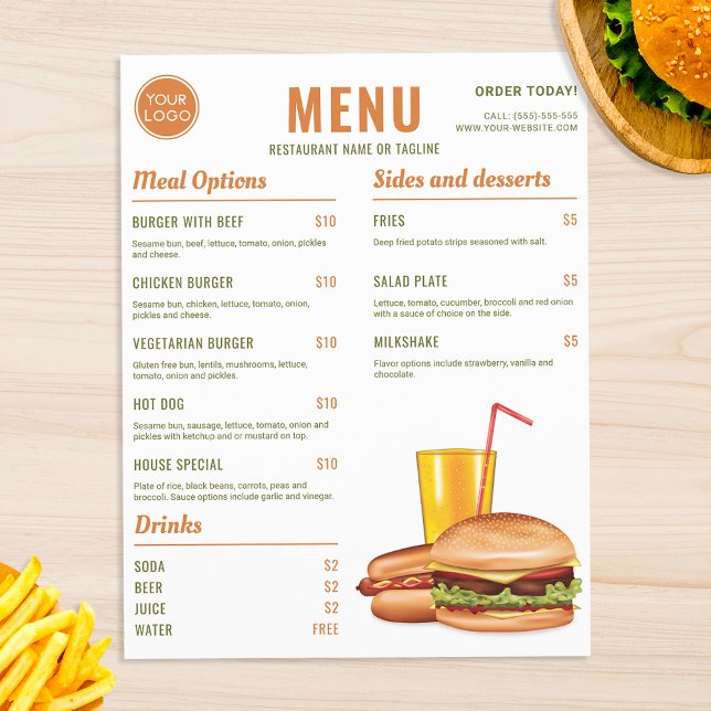 Orange Och Gröna Hamburgare Hotdog Matmeny Priser Reklamblad (Skapare uppladdad)