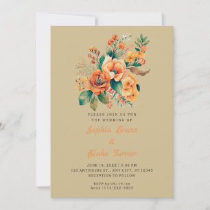Orange och Grönt Blommigt Bouquet Olive Bröllop Inbjudningar