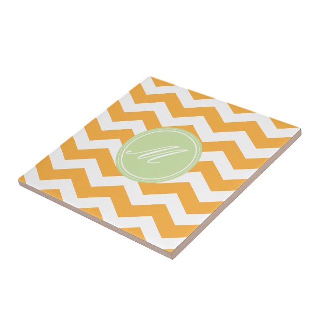 Orange och Grönt Chevron med monogrambrickor Kakelplatta (Sidan)