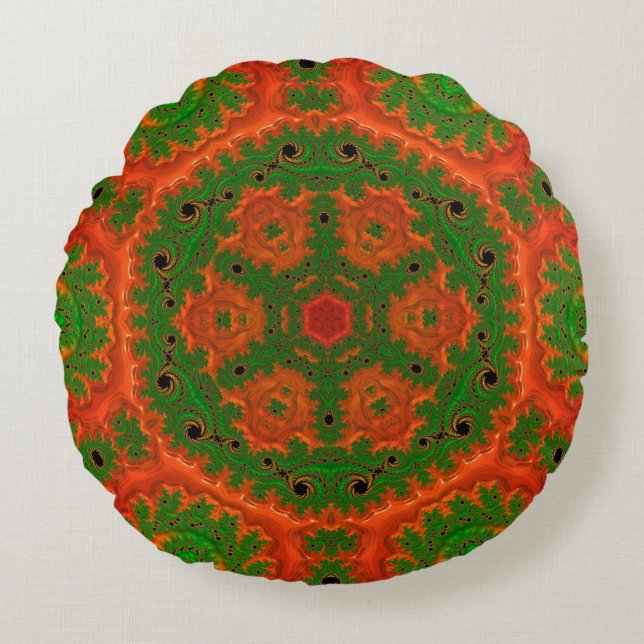 Orange och Grönt Kaleidoscope Round Cushion Rund Kudde (Framsidan)