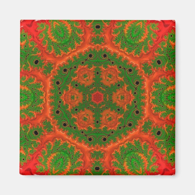 Orange och Grönt Kaleidoscope Square Magnet (Framsidan)