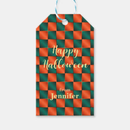 Orange och Grönt Shiny Checkerboard Presentetikett