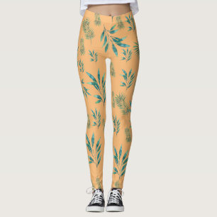Orange och Grönt Vattenfärgen Handflatan Löv Leggings