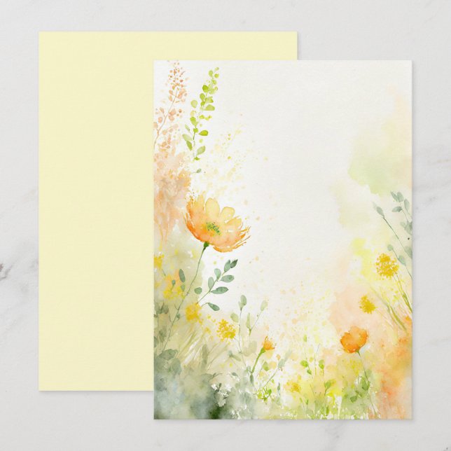 Orange och gul akvarell blommande tomt bröllop inbjudningar (Fram/baksida)