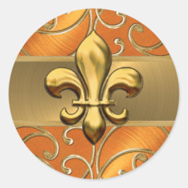 Orange och Guld Filigree Swirls Fleur de Lis Runt Klistermärke