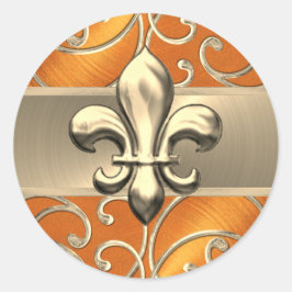 Orange och Guld Filigree Swirls Fleur de Lis Runt Klistermärke
