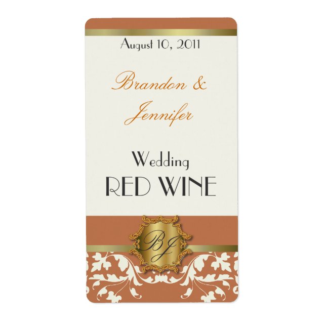 Orange och Guld Monogram Bröllop Mini Vin-etikette Fraktsedel (Framsidan)