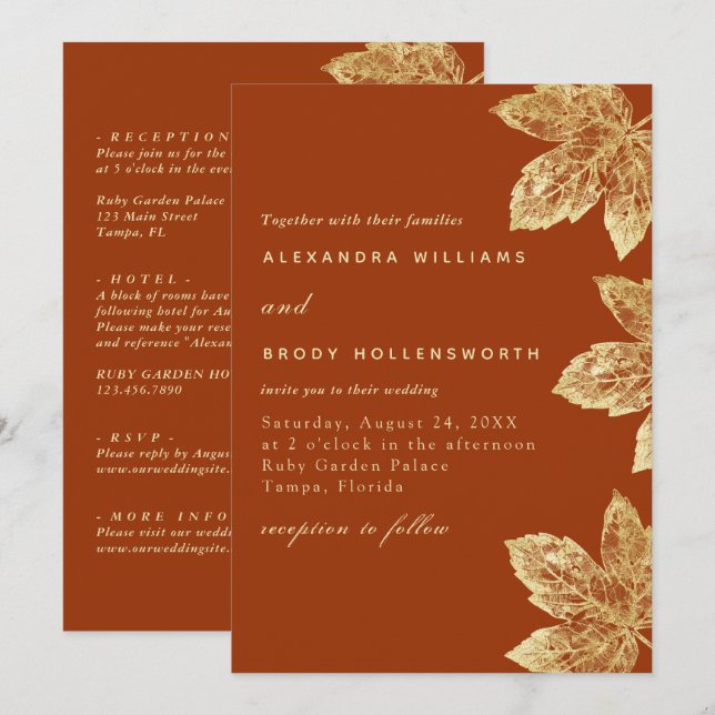 Orange och Guld Rustic Löv i ett Bröllop Inbjudningar (Fram/baksida)