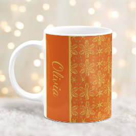 Orange och Guld Snöflingor Mugg jul med Namn