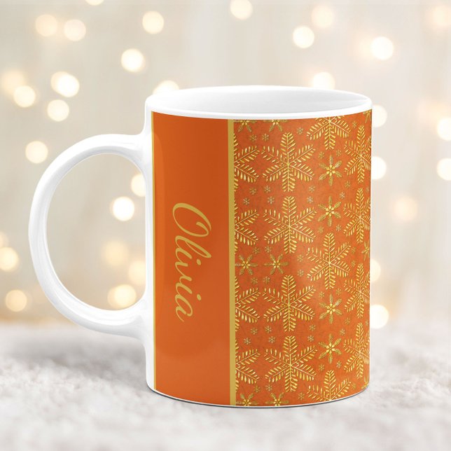 Orange och Guld Snöflingor Mugg jul med Namn (Skapare uppladdad)