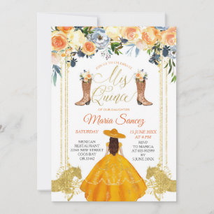Orange och Guld Western Charra Mis Quince Invati Inbjudningar