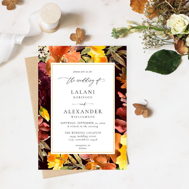 Orange och Gult Blommigt Bröllop - 3 Burgundy Inbjudningar (Skapare uppladdad)