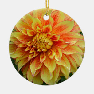 Orange- och gult-dahlia-blomma julgransprydnad keramik