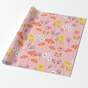 Orange och Gult Doodle Flowers Wrapping Papper Presentpapper