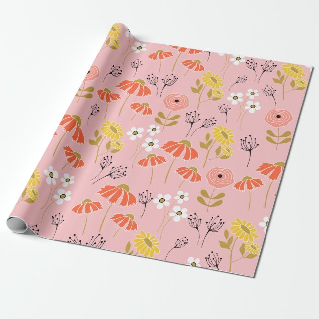 Orange och Gult Doodle Flowers Wrapping Papper Presentpapper (Utrullad)