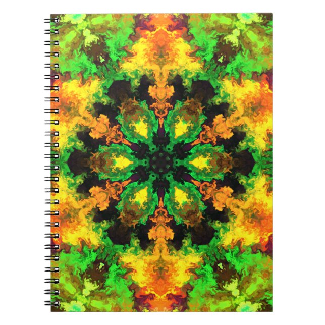 Orange och Gult för Psychedelic Hippie Flower Grön Anteckningsbok (Framsidan)