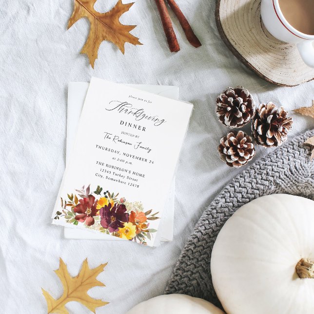 Orange och Gult Guld Fall Blommigt Thanksgiving Inbjudningar (Skapare uppladdad)