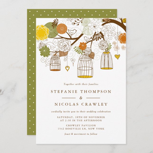 Orange och Gult Hängande fåglar Bröllop Inbjudningar (Fram/baksida)