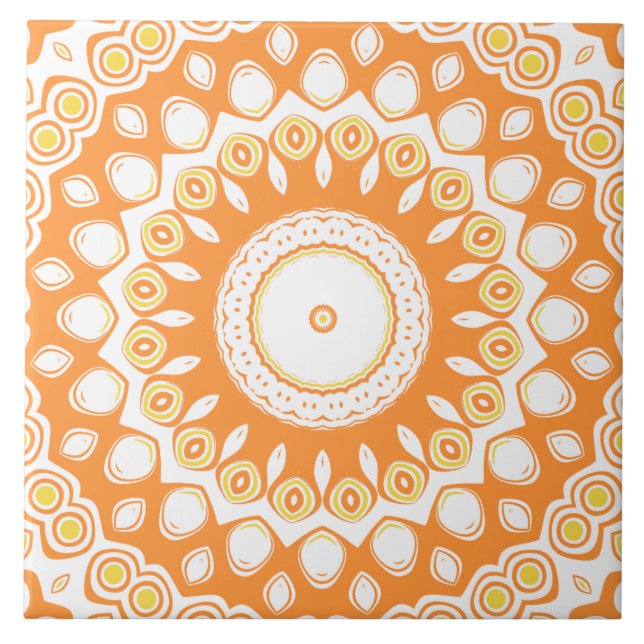 Orange och Gult Radiant Mandala Mönster Kakelplatta (Framsidan)