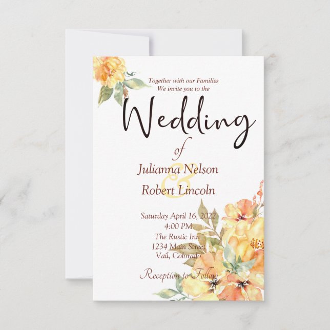 Orange och gult vattenfärgsfärg blommigt bröllop i inbjudningar (Framsida)