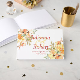 Orange och gult vattenfärgsgäst i blommigten bröll gästböcker