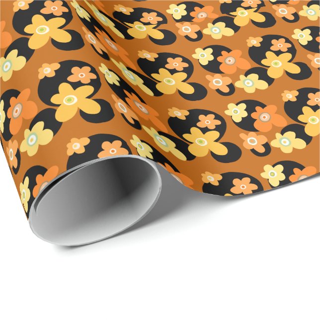 orange och gult vintage blommor presentpapper (Rullad Hörn)