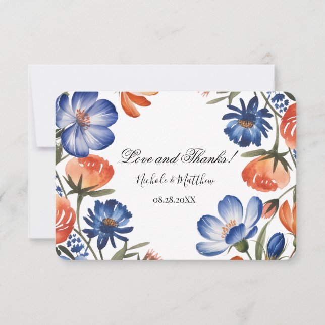 Orange och koboltblå blombröllop tack kort (Framsida)