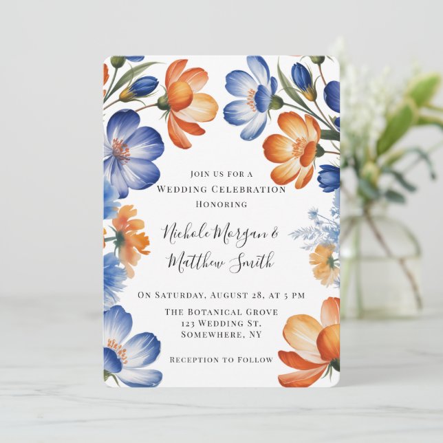 Orange och koboltblå blomsterbröllopsfirande inbjudningar (Stående Fram)