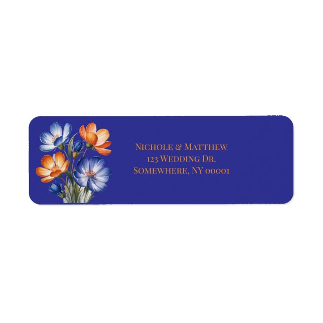 Orange och koboltblå blomsterbröllopsvar  returadress etikett (Framsidan)