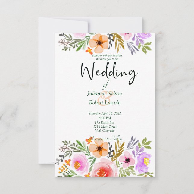 Orange och lila akvarell blommande bröllopsinbjuda inbjudningar (Framsida)