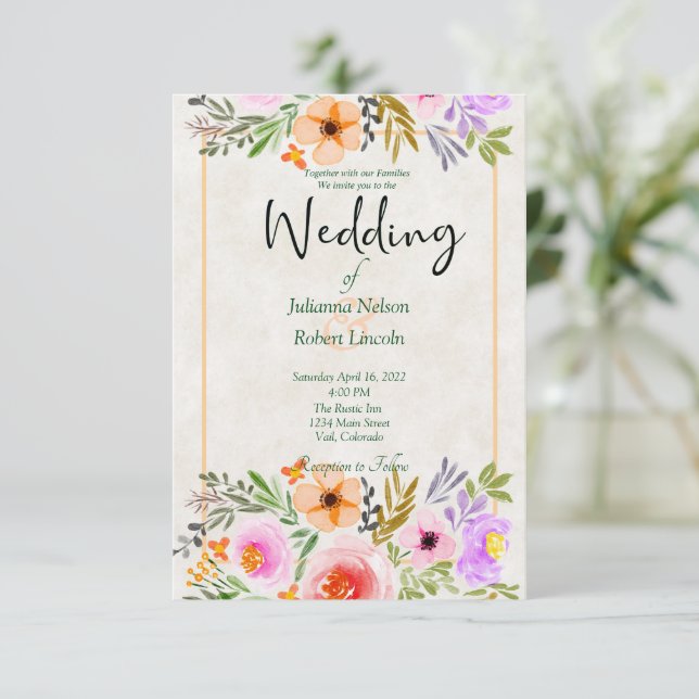Orange och lila akvarell blomsterbröllopsinbjudan inbjudningar (Stående Fram)
